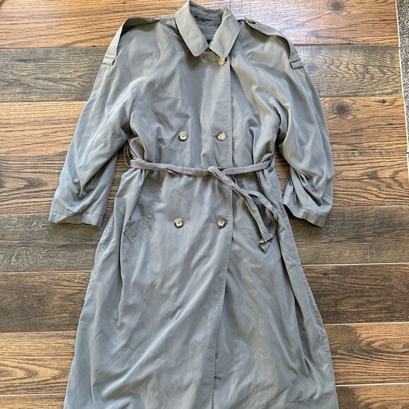 Vintage London Fog Trench Coat 8P Gray Suede Feel Zip Liner Belted Shoulder Pads - Picture 1 of 11